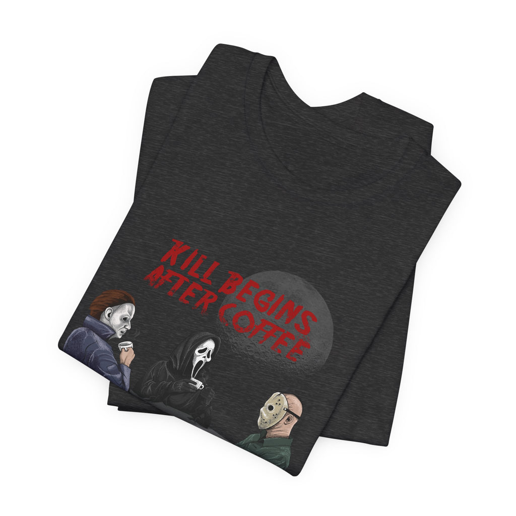 "Begins After Coffee" Horror Movie Character T-Shirt
