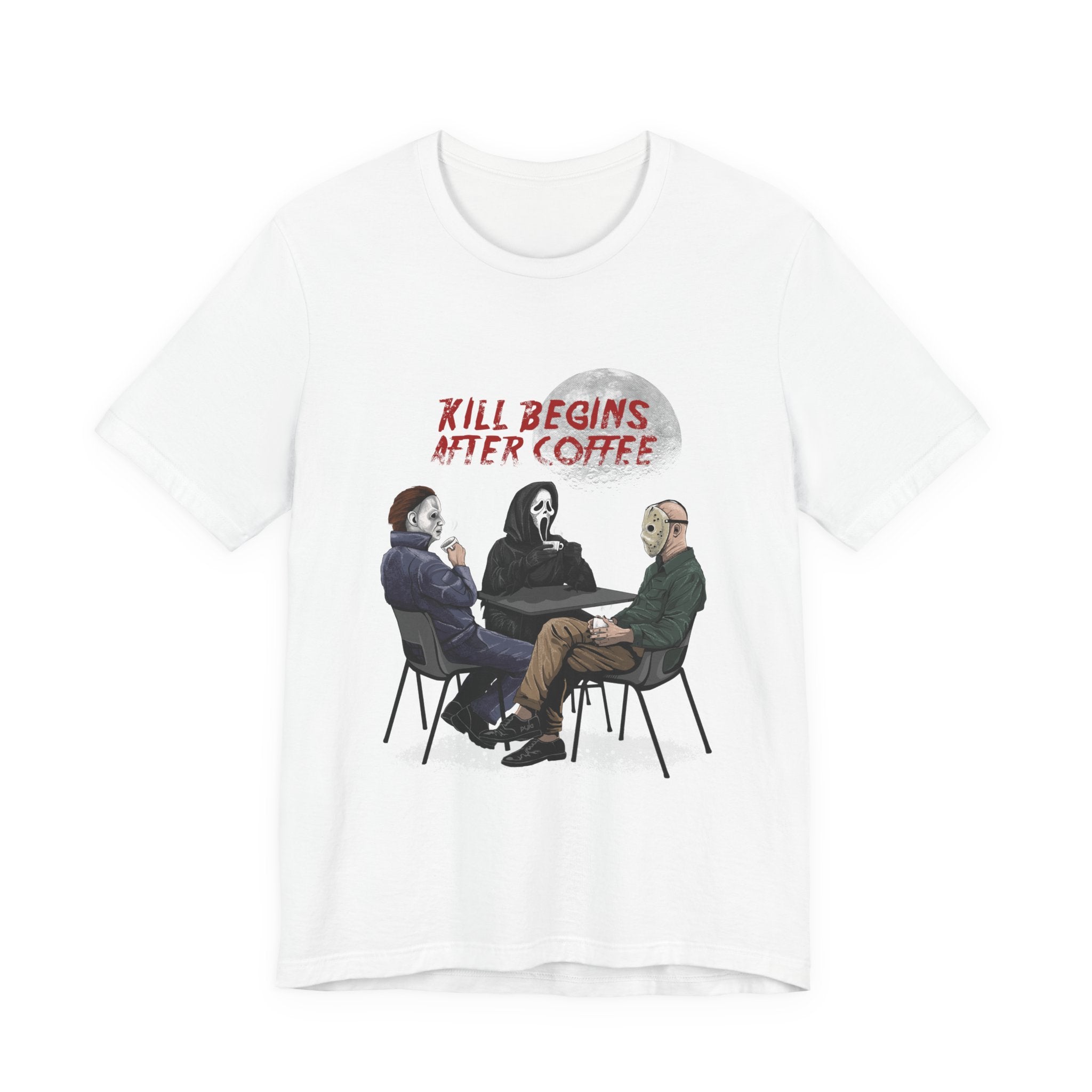 "Begins After Coffee" Horror Movie Character T-Shirt