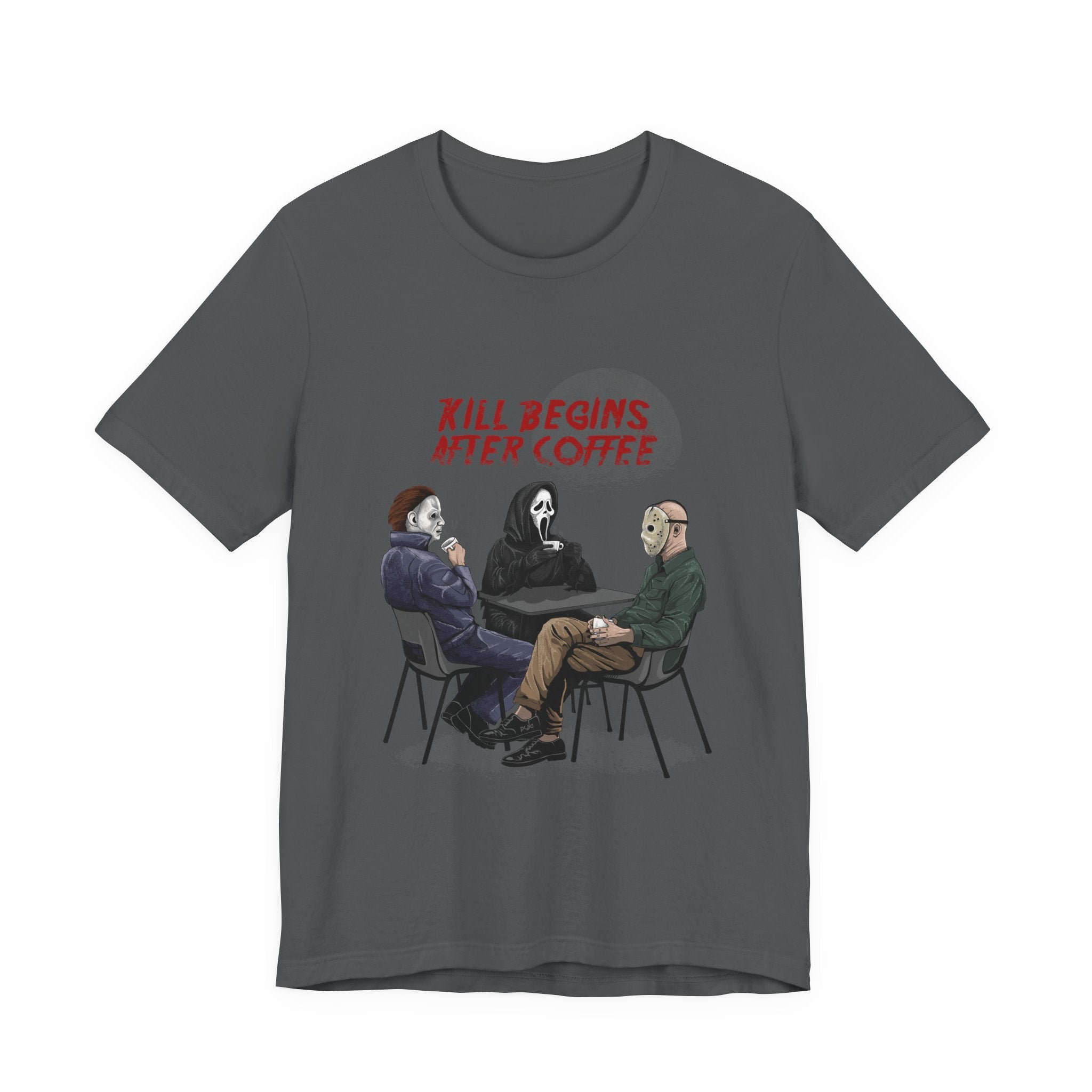 "Begins After Coffee" Horror Movie Character T-Shirt