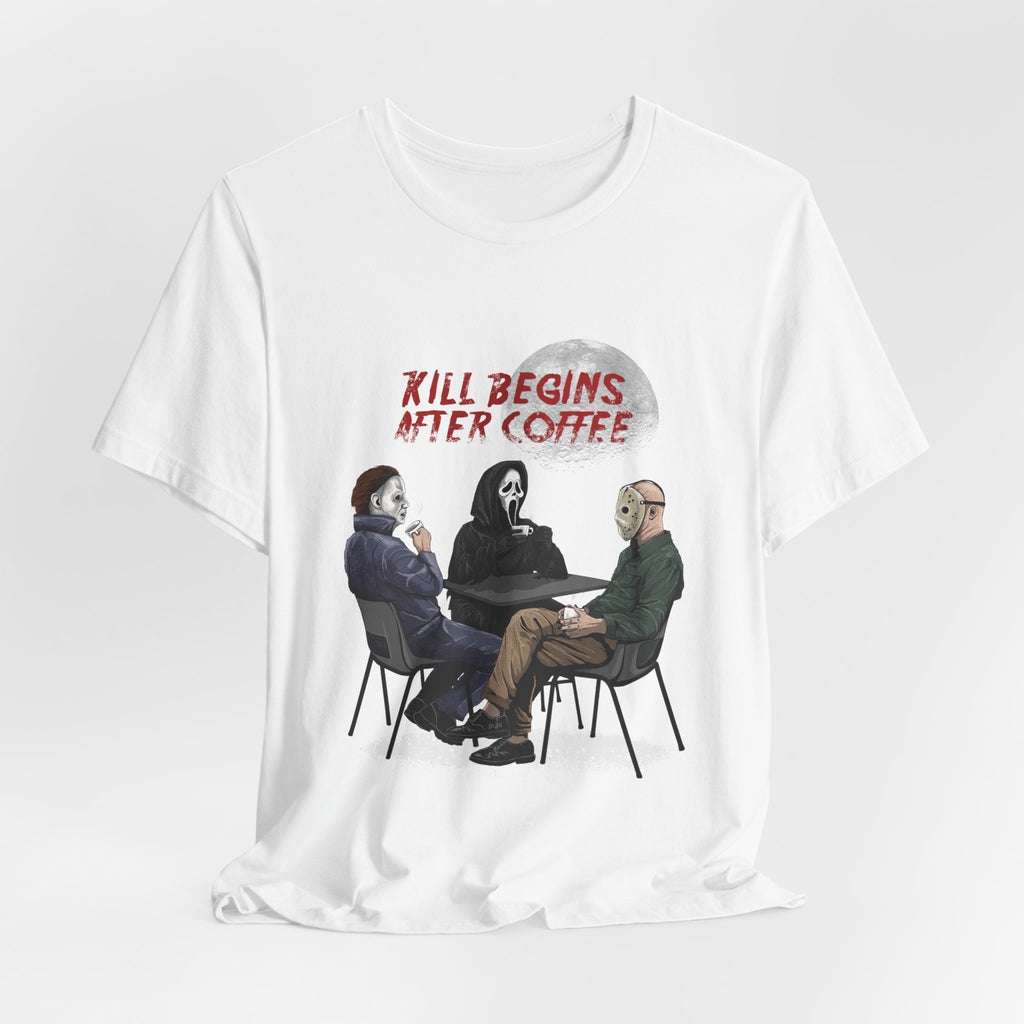 "Begins After Coffee" Horror Movie Character T-Shirt