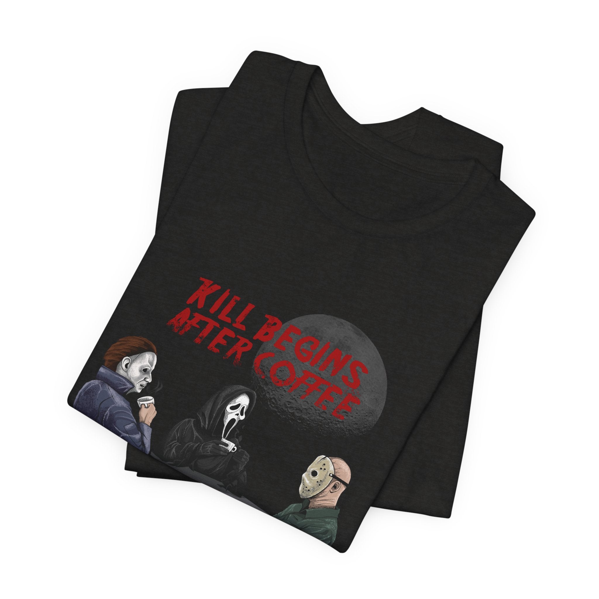 "Begins After Coffee" Horror Movie Character T-Shirt