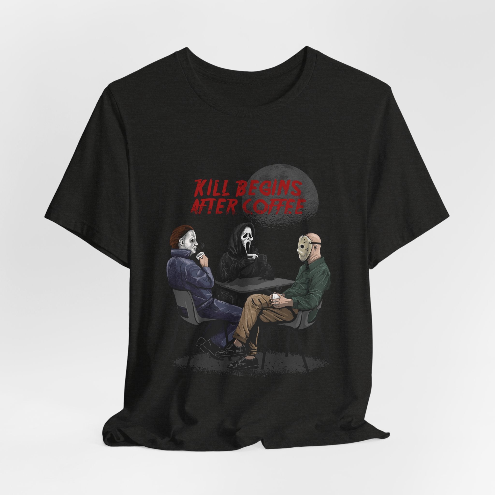 "Begins After Coffee" Horror Movie Character T-Shirt