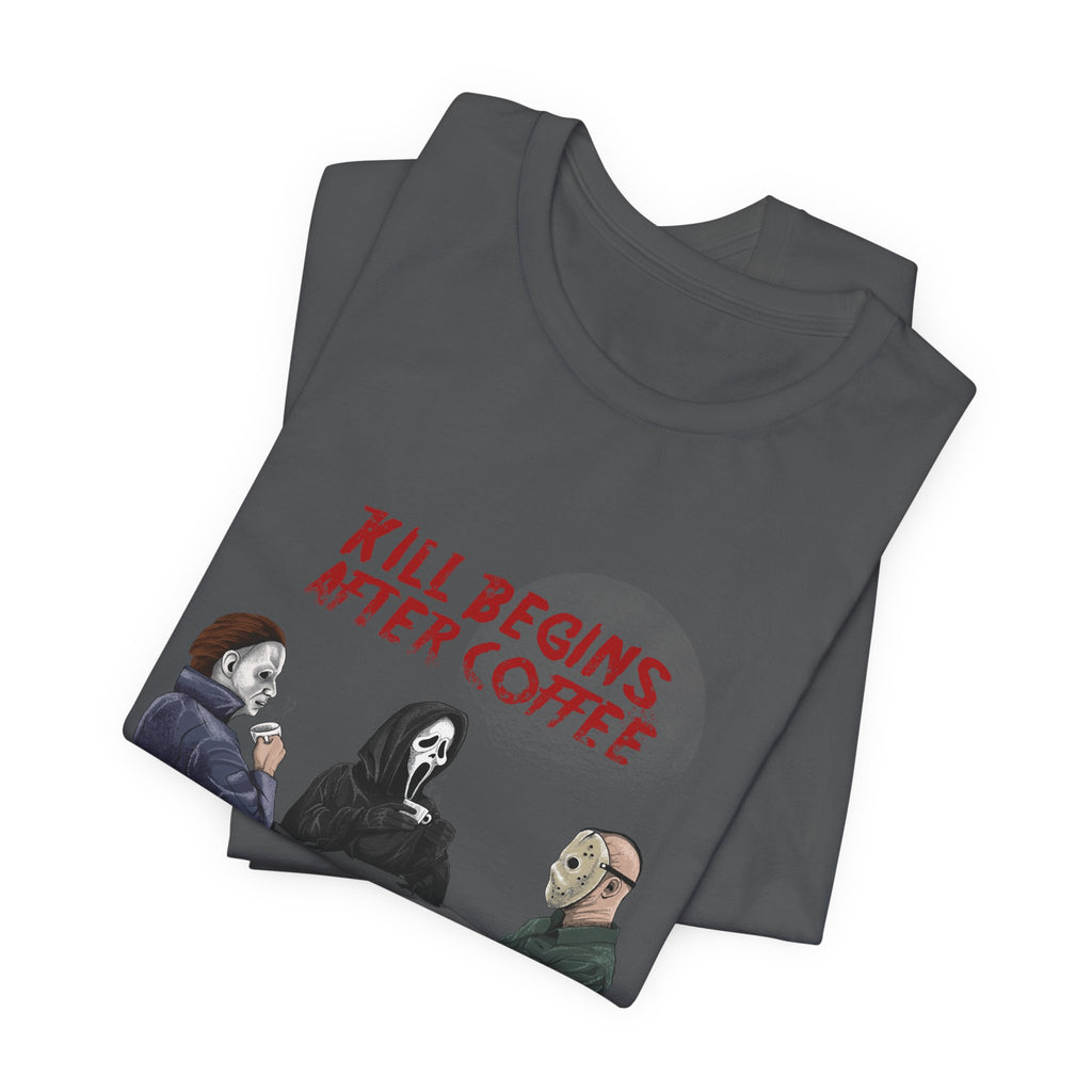 "Begins After Coffee" Horror Movie Character T-Shirt