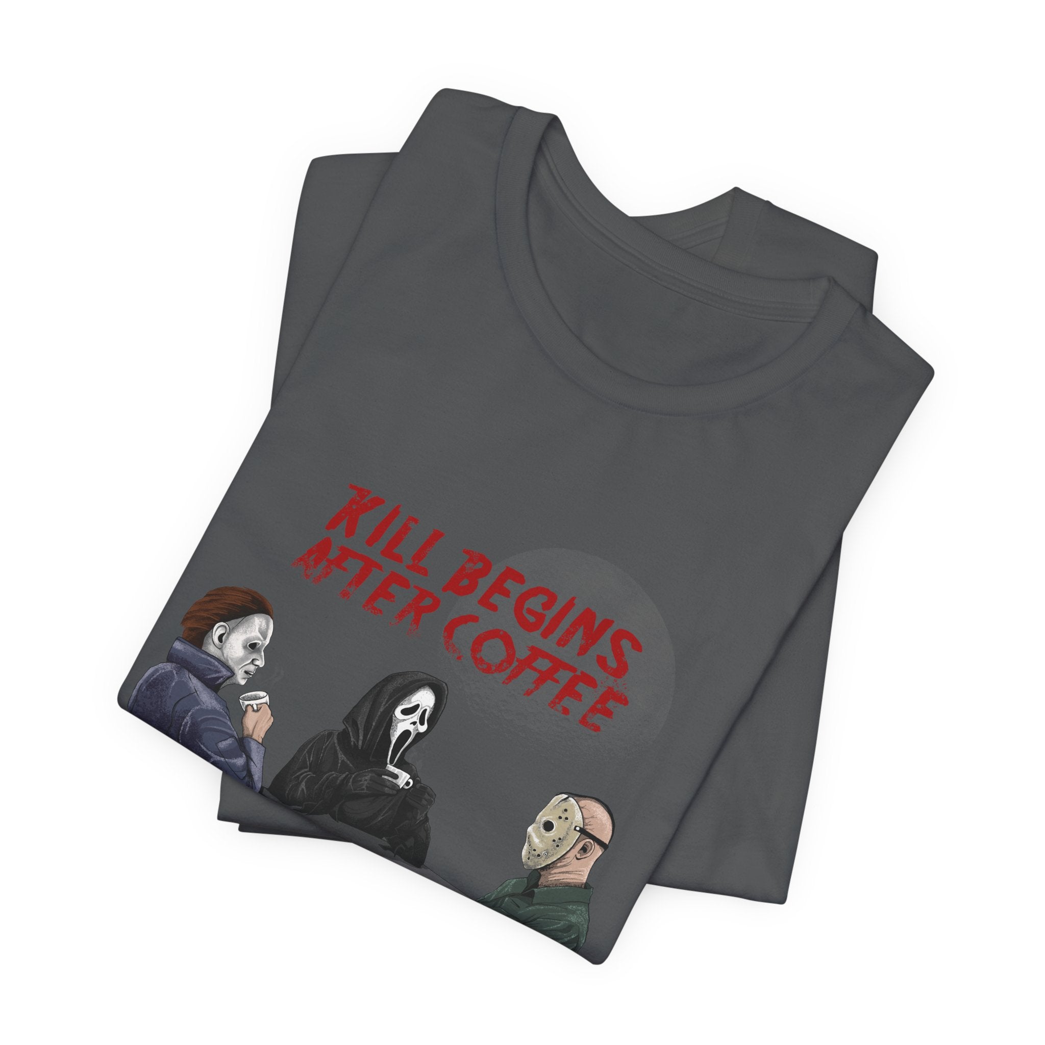 "Begins After Coffee" Horror Movie Character T-Shirt
