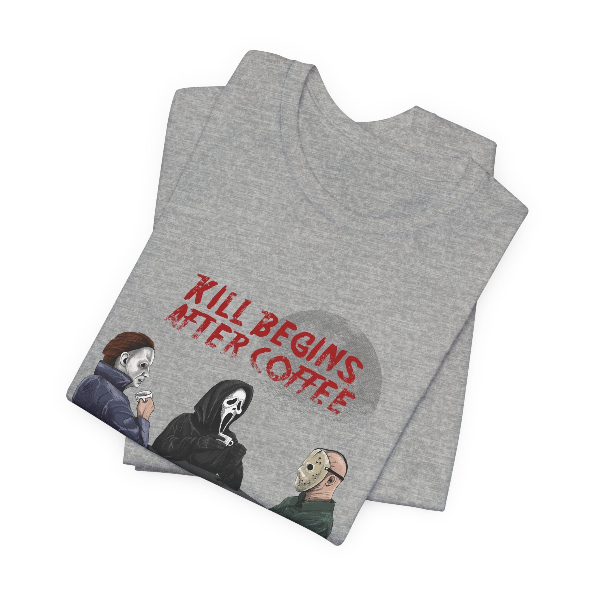 "Begins After Coffee" Horror Movie Character T-Shirt