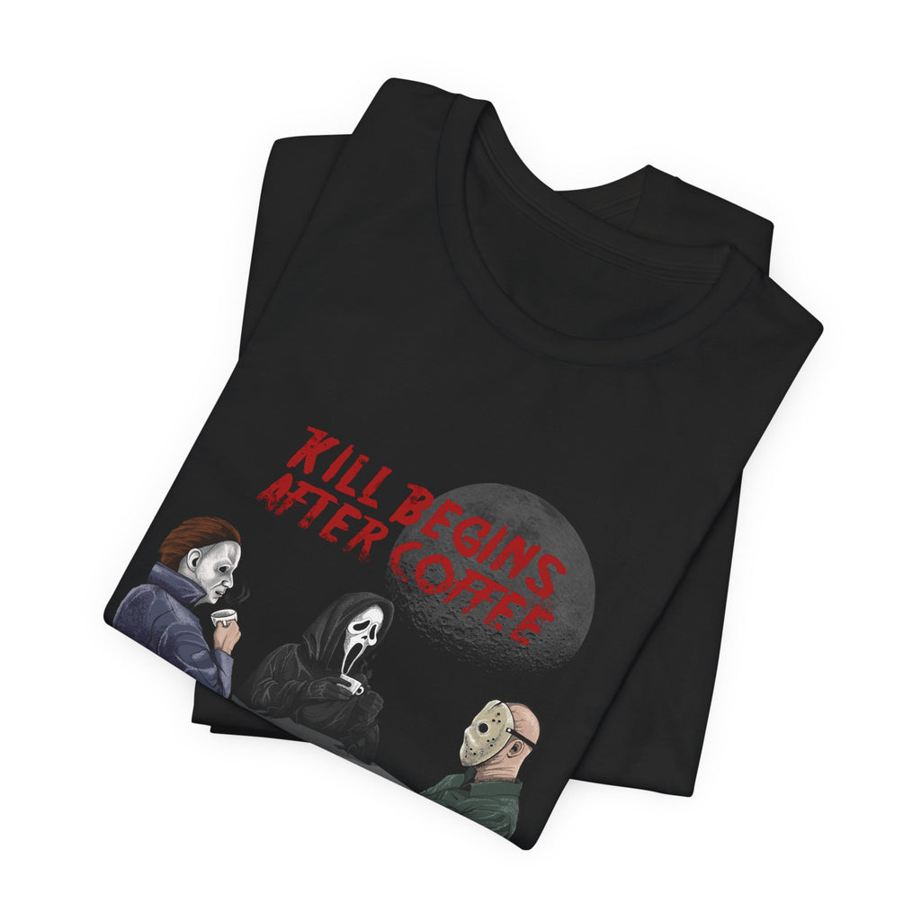 "Begins After Coffee" Horror Movie Character T-Shirt
