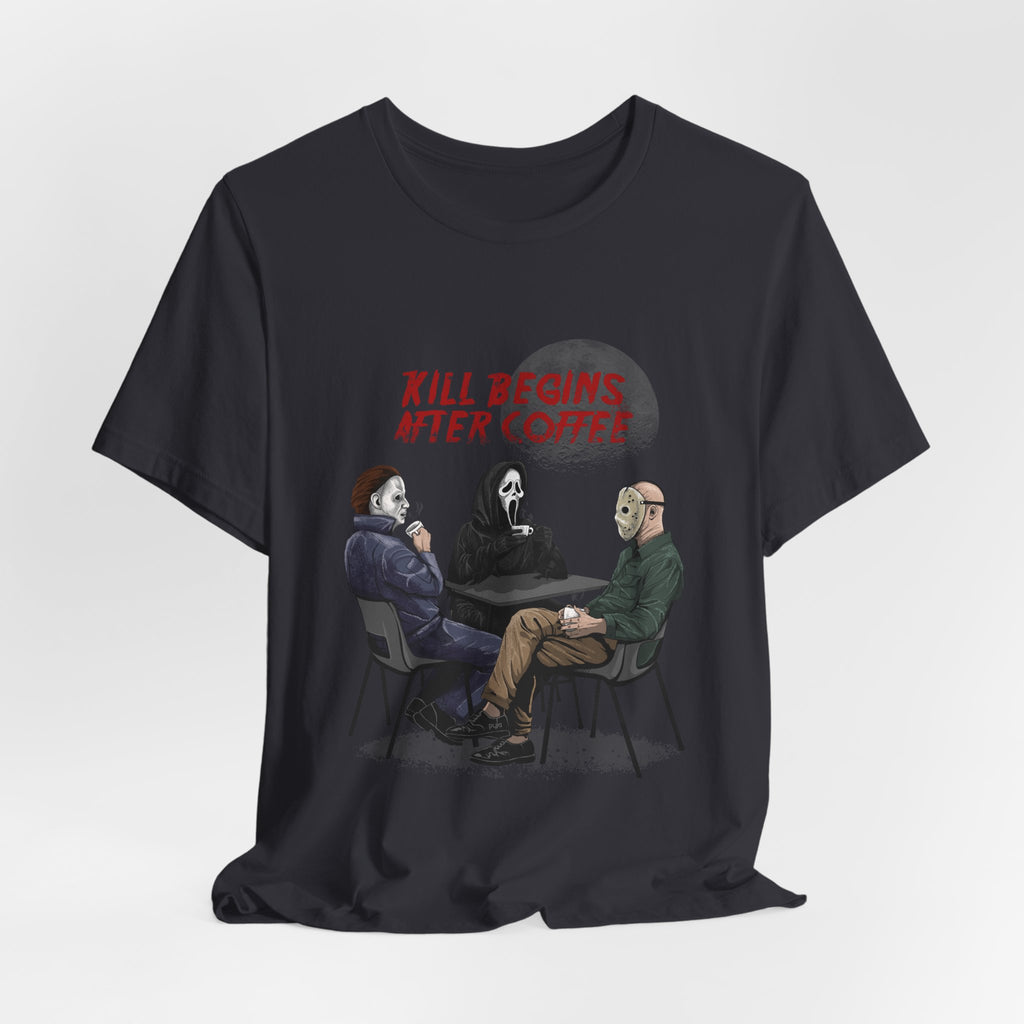 "Begins After Coffee" Horror Movie Character T-Shirt