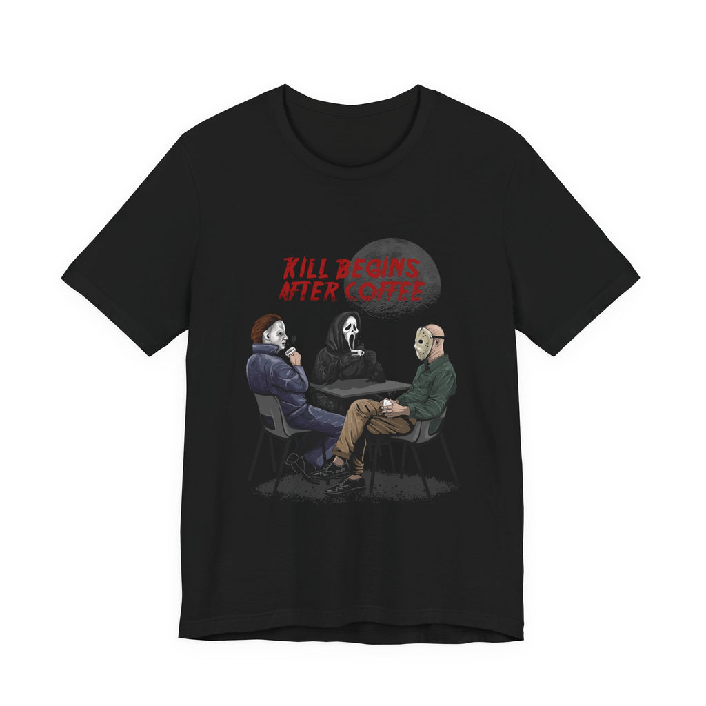 "Begins After Coffee" Horror Movie Character T-Shirt