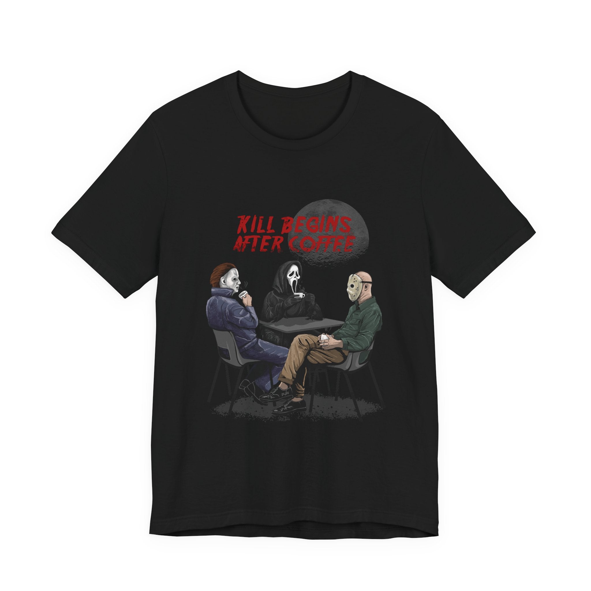 "Begins After Coffee" Horror Movie Character T-Shirt