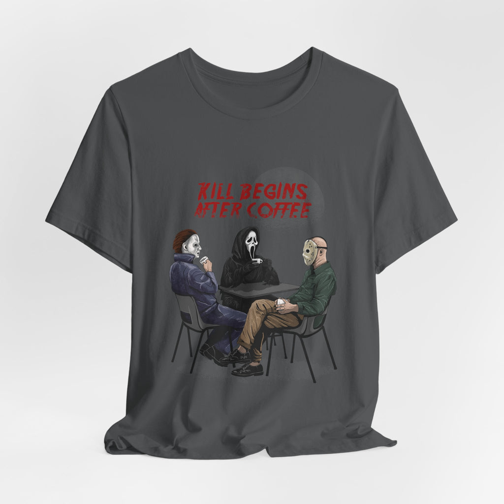 "Begins After Coffee" Horror Movie Character T-Shirt