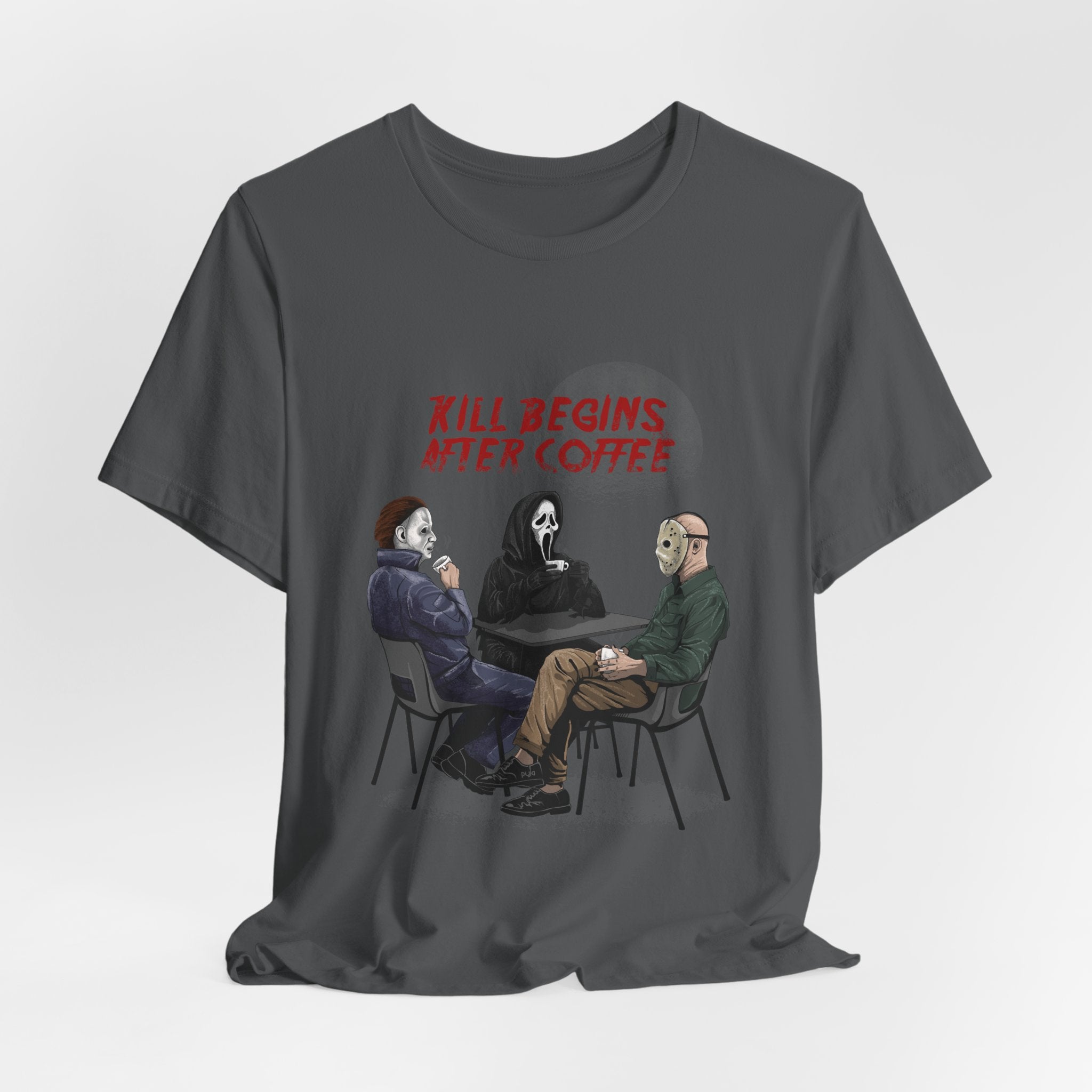 "Begins After Coffee" Horror Movie Character T-Shirt