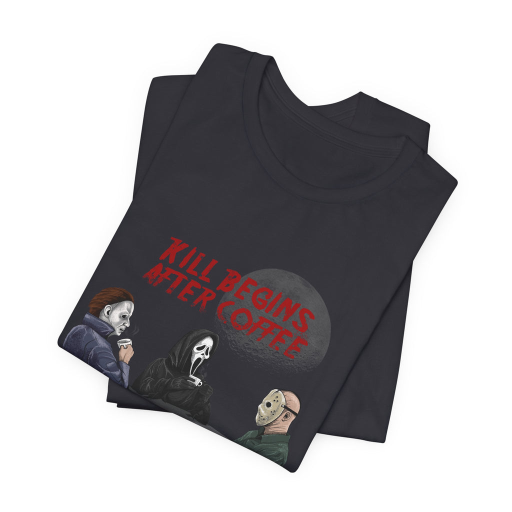 "Begins After Coffee" Horror Movie Character T-Shirt