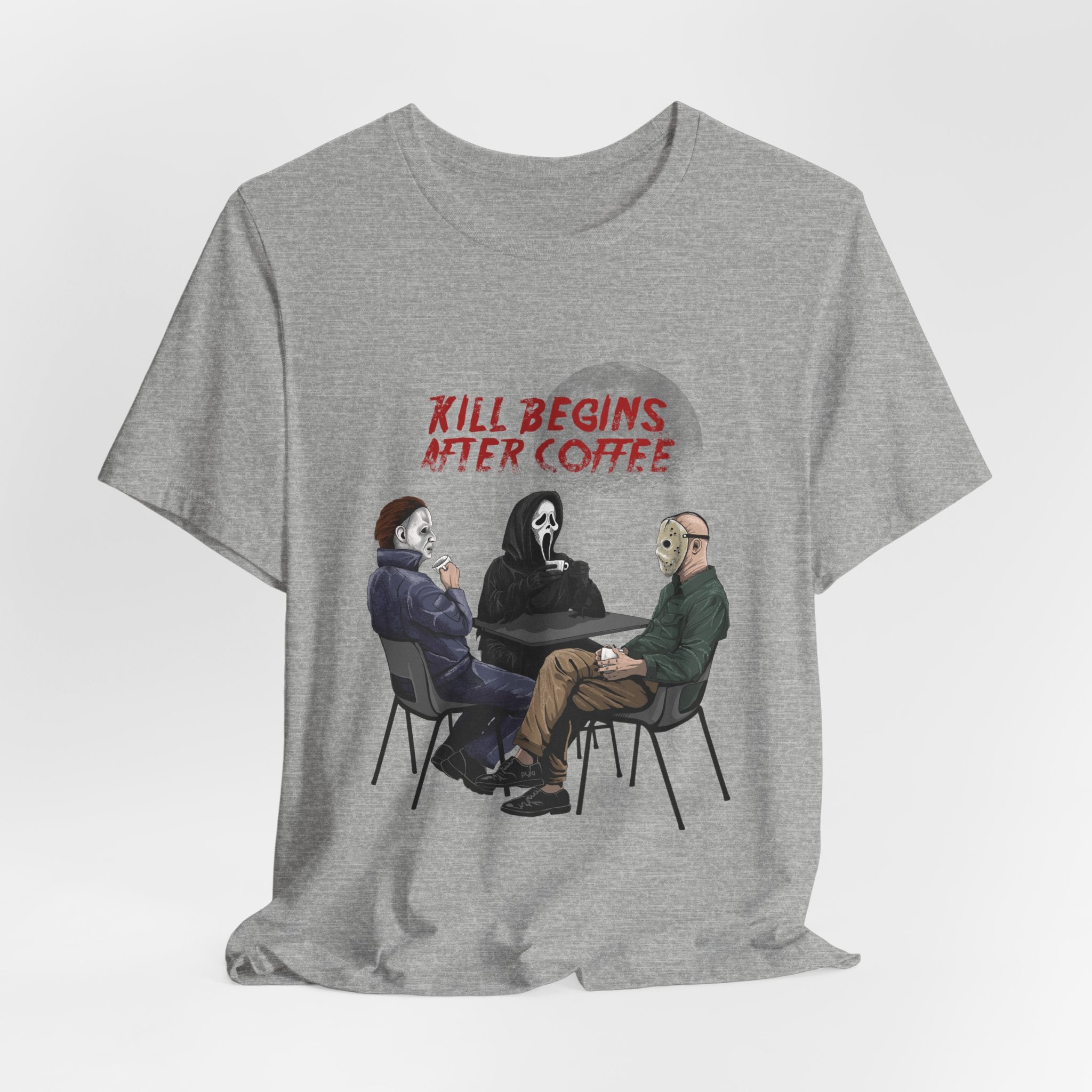 "Begins After Coffee" Horror Movie Character T-Shirt