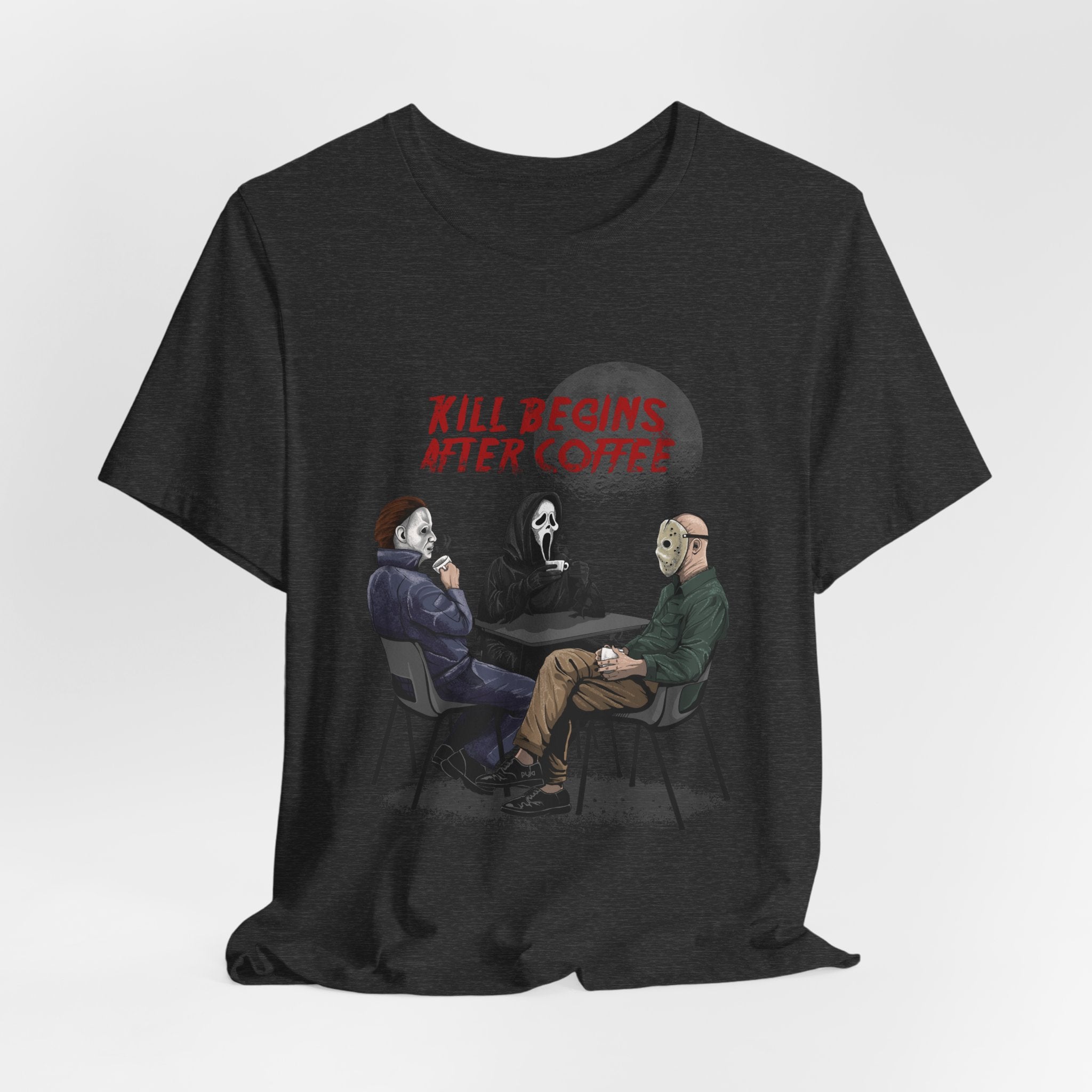 "Begins After Coffee" Horror Movie Character T-Shirt