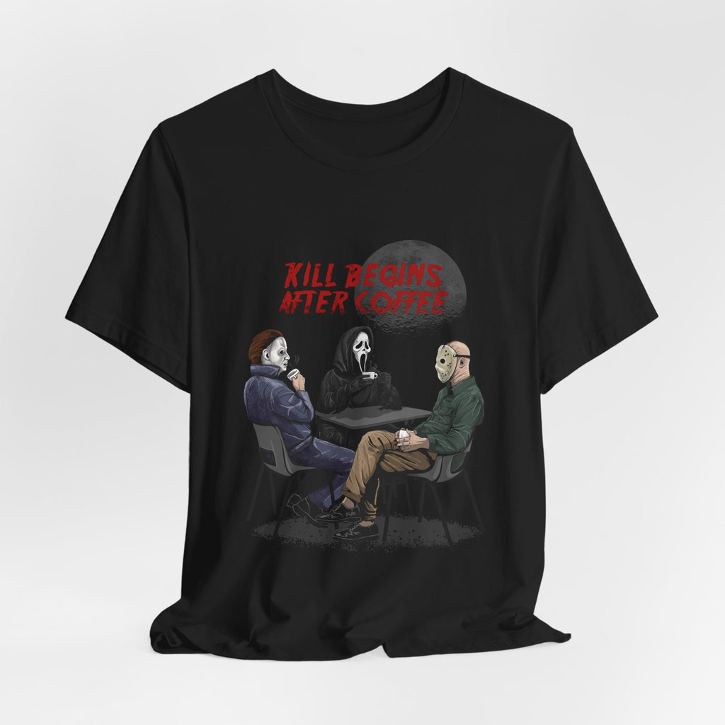 "Begins After Coffee" Horror Movie Character T-Shirt