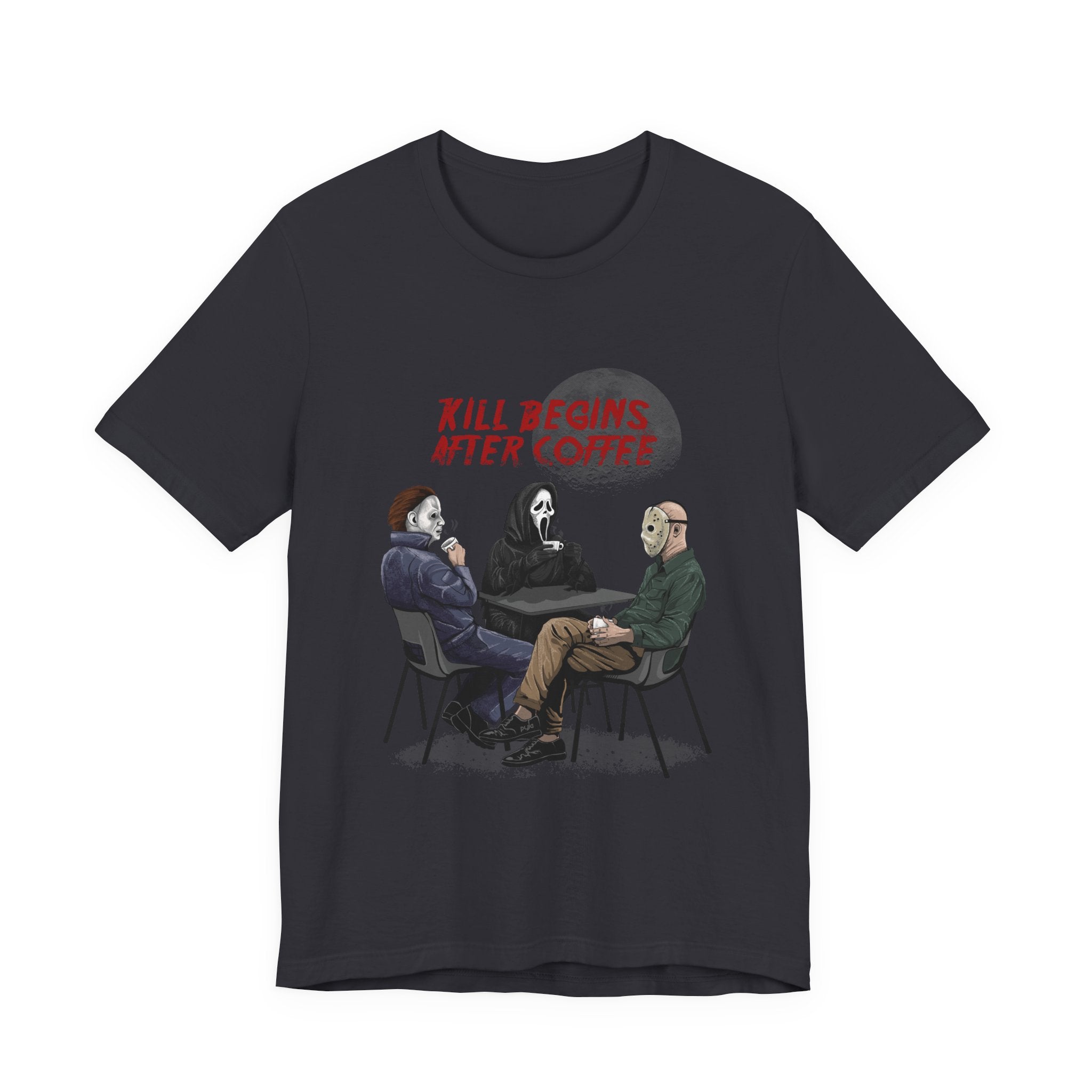 "Begins After Coffee" Horror Movie Character T-Shirt