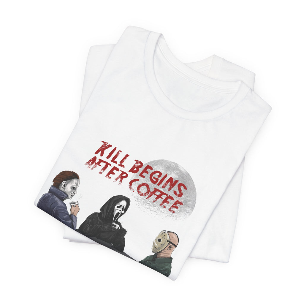 "Begins After Coffee" Horror Movie Character T-Shirt